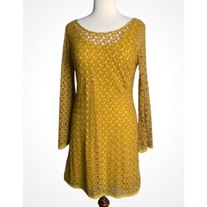 Comme Toi Lace Mustard Yellow Long Sleeve Shift Mini Dress Tunic Medium